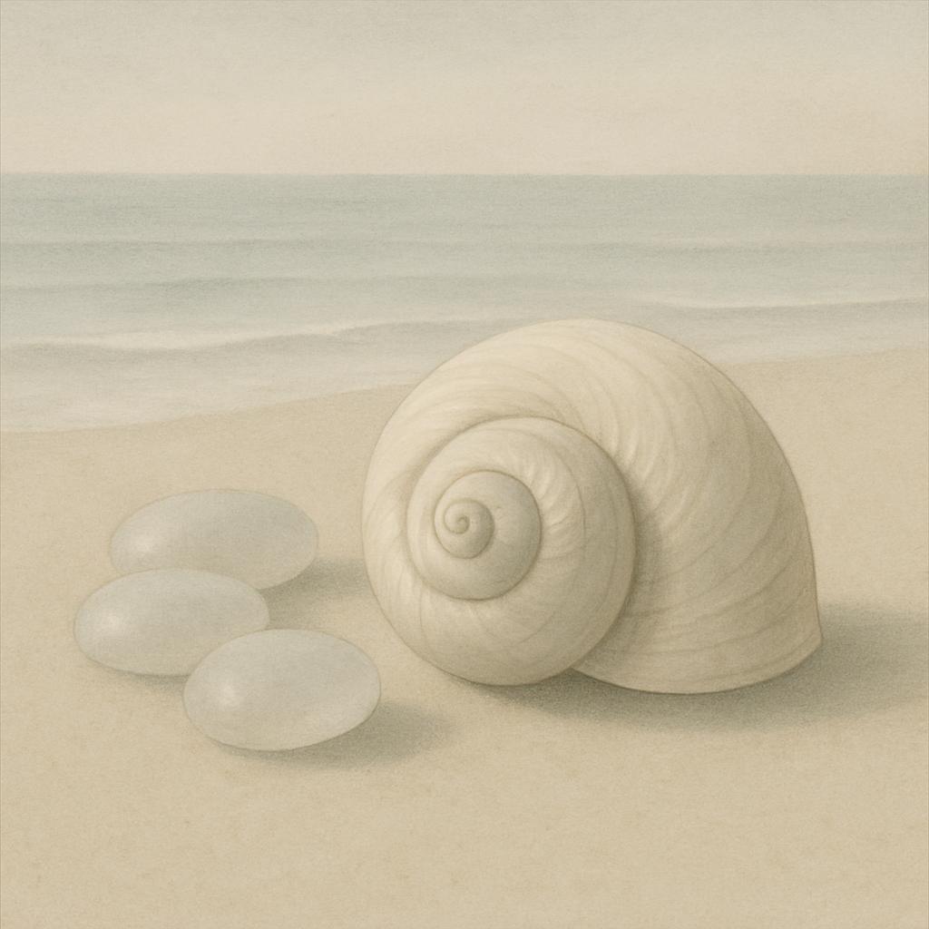 a painting of seashells and pebbles on a sandy beach near the sea.