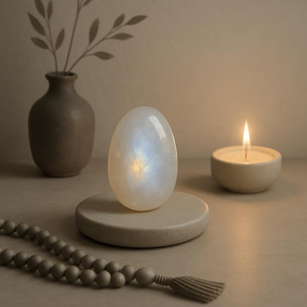 An oval white gemstone supported by a round stone base and illuminated from within, a lit tealight candle, a beaded tassel...